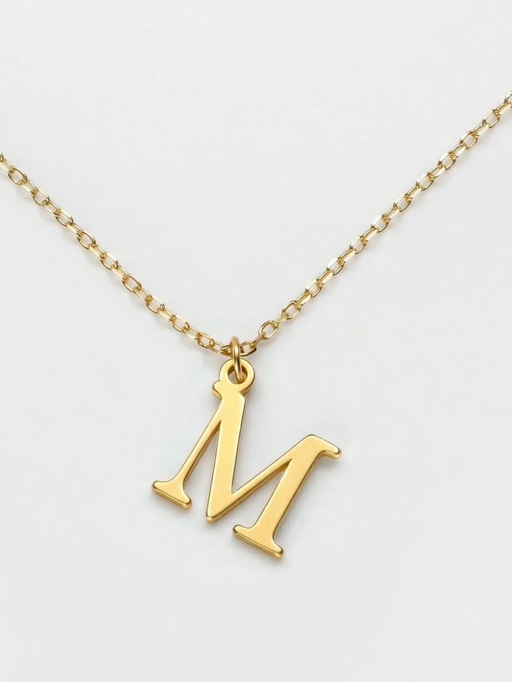 Classic Gold Block Letter Initial Charm Necklace, “M” Pendant, Stainless Steel